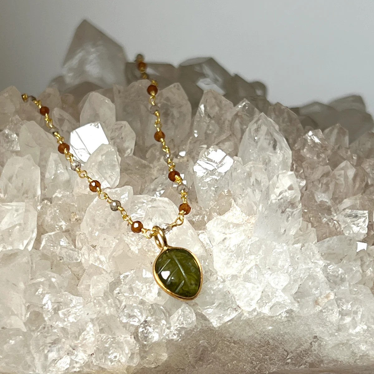 Citrine and Smokey Quartz Rosary with Peridot Leaf Pendant