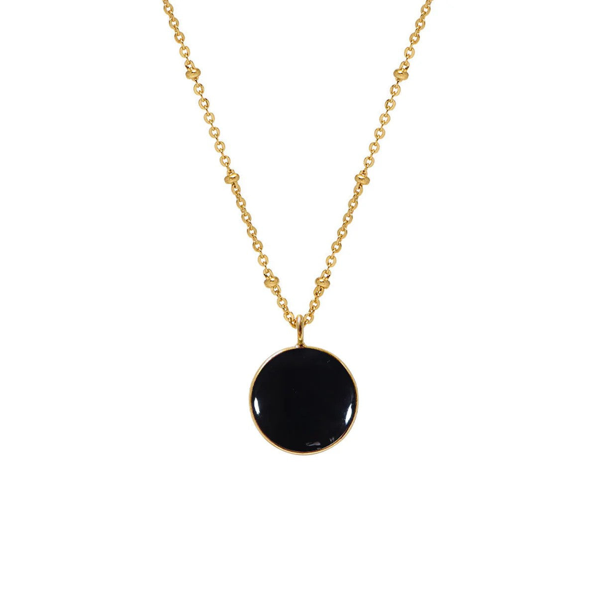 Black Onyx Coin Pendant on Long Satellite Chain