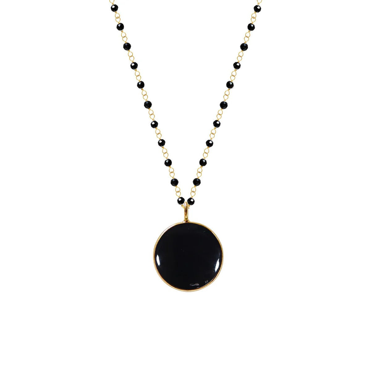 Black Onyx Coin Pendant on Long Black Onyx Rosary Chain