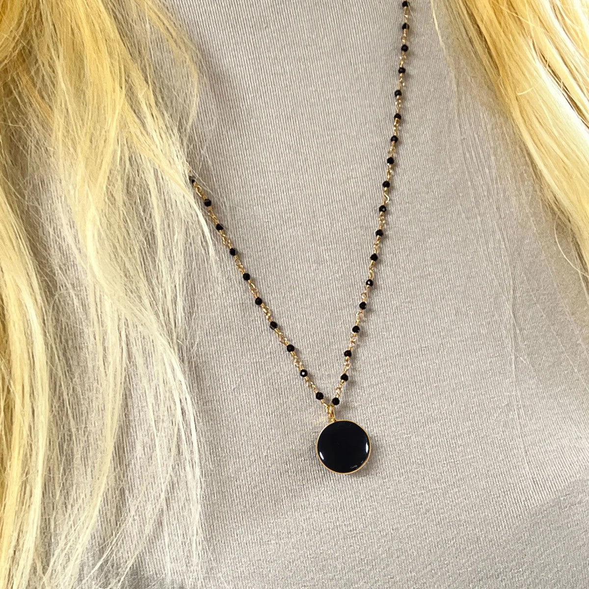 Black Onyx Coin Pendant on Long Black Onyx Rosary Chain