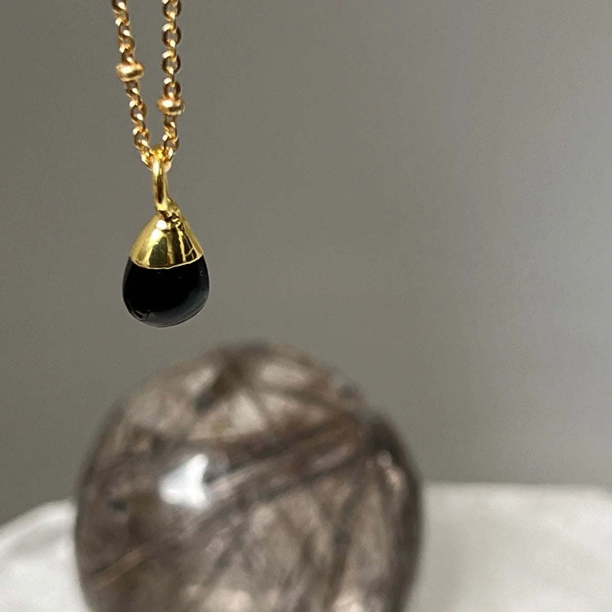 Smooth Black Onyx Drop on Short Satellite Chain