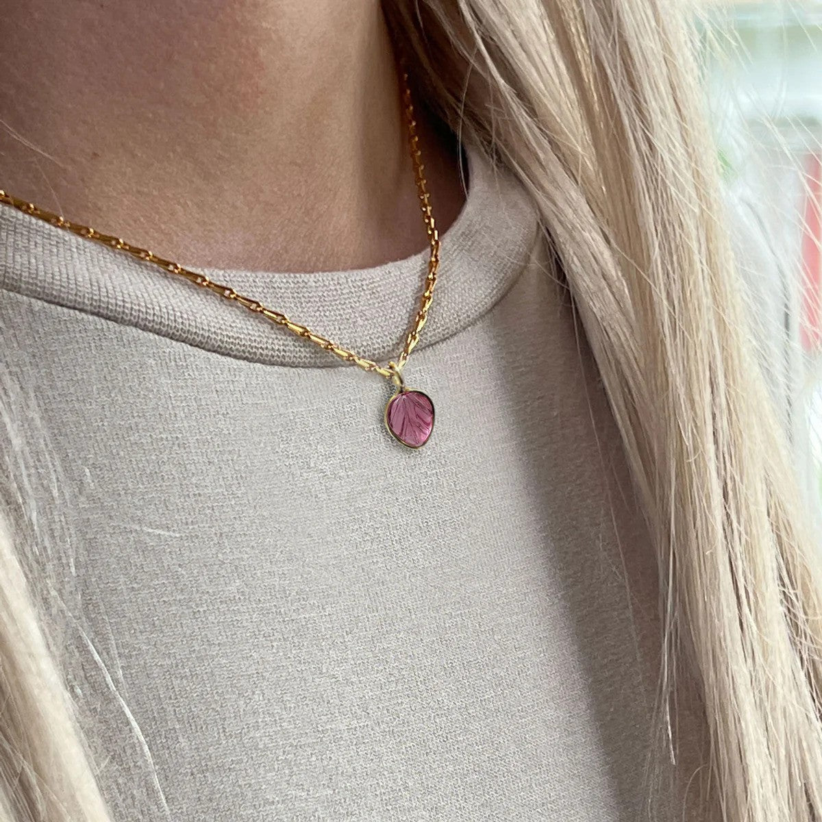 Pink Tourmaline Carved Leaf Pendant on Mini Torsade Chain