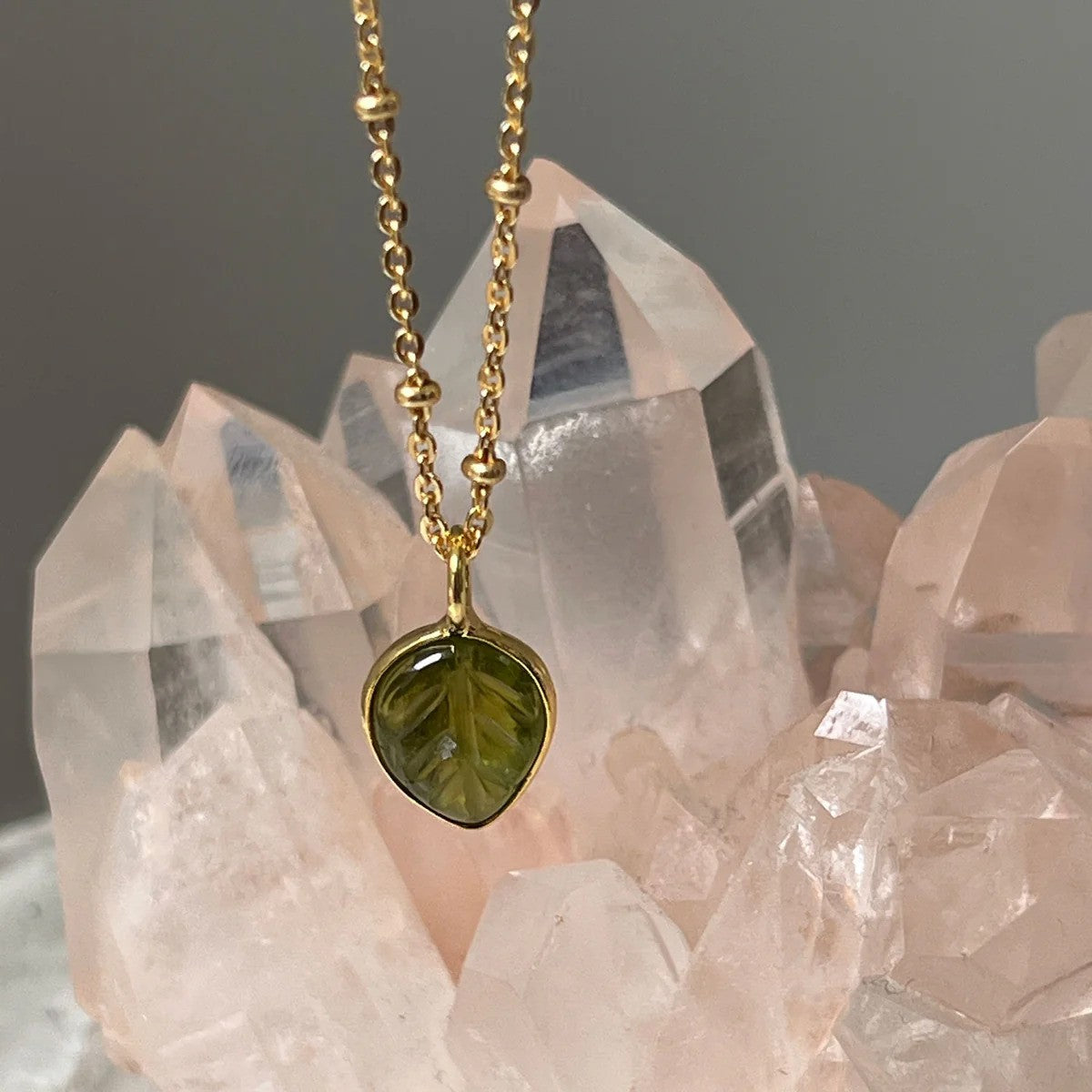 Peridot Carved Leaf Pendant on Satellite Chain