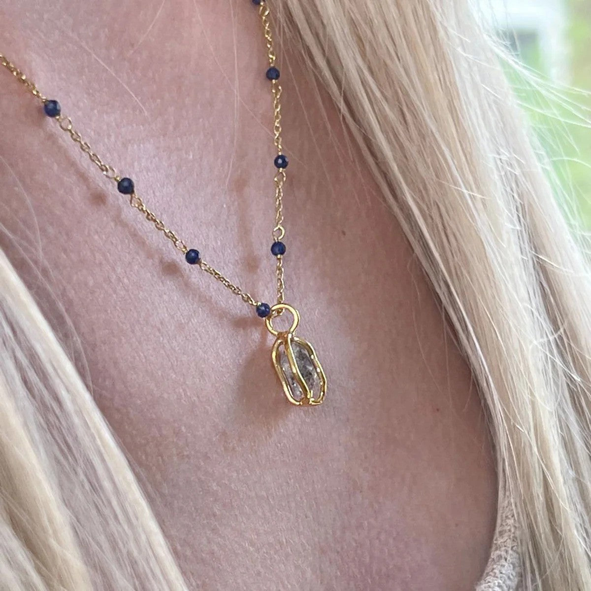 Fancy Sapphire Rosary with Raw Herkimer Diamond in Cage Pendant