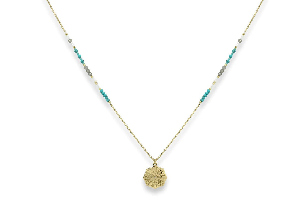 Gold, Turquoise and Labradorite Long Pendant Necklace