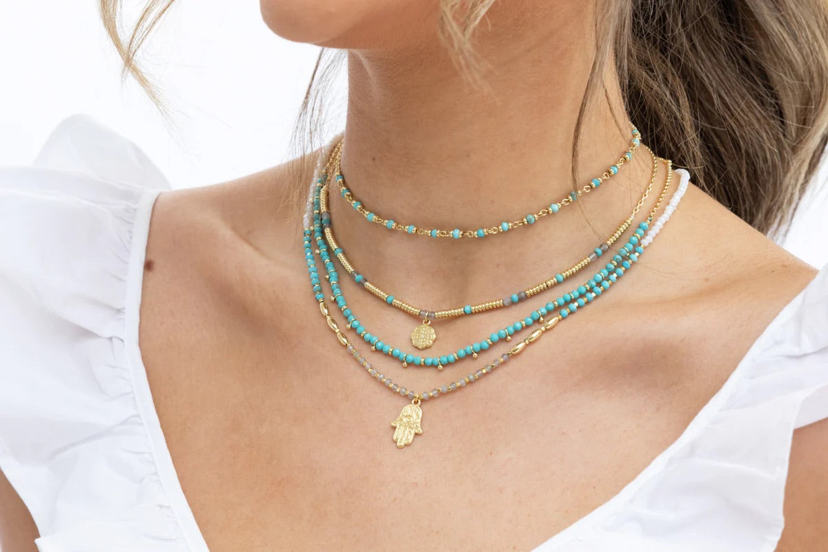 Salus Beaded Turquoise Gemstone Gold Necklace