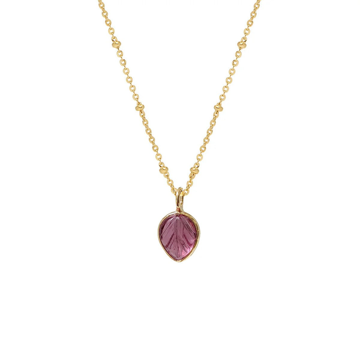 Pink Tourmaline Carved Leaf Pendant on Gold Satellite Chain