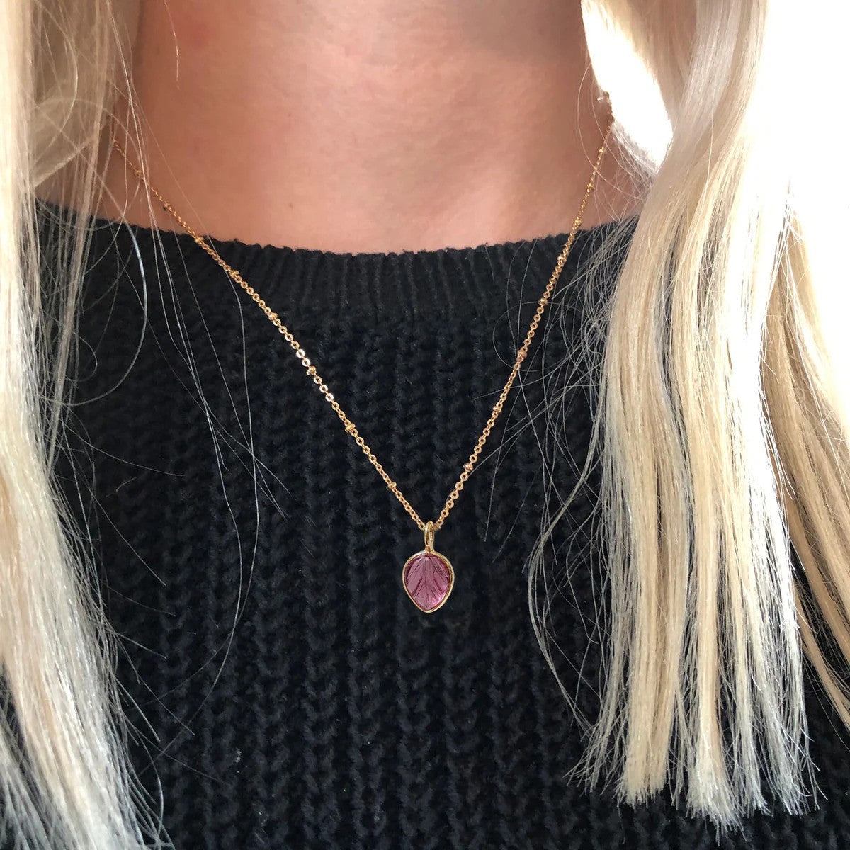 Pink Tourmaline Carved Leaf Pendant on Gold Satellite Chain