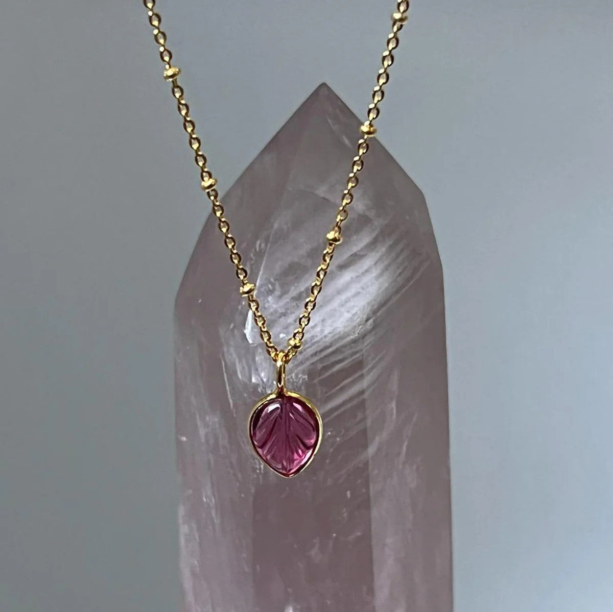 Pink Tourmaline Carved Leaf Pendant on Gold Satellite Chain