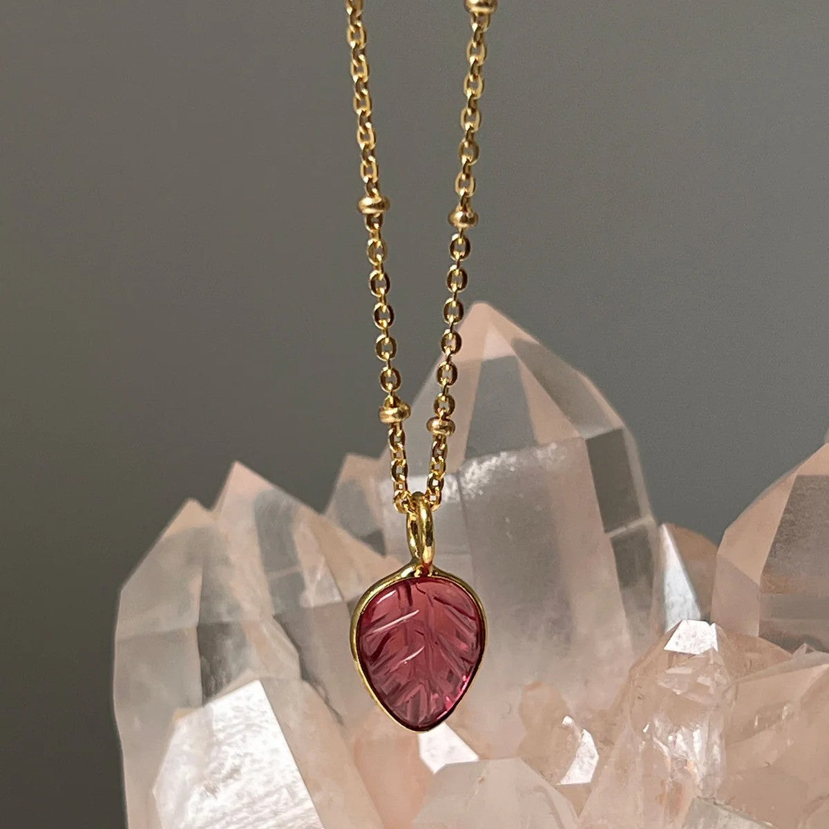 Pink Tourmaline Carved Leaf Pendant on Gold Satellite Chain