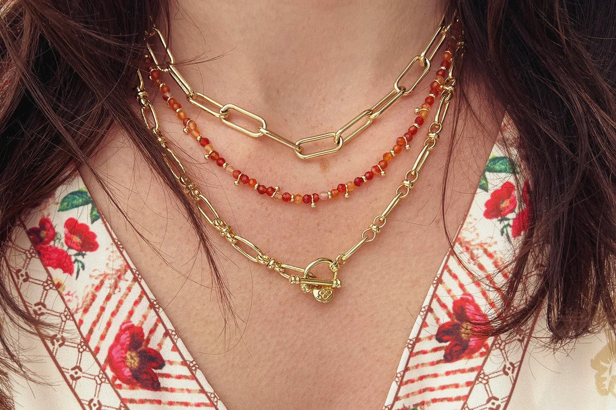 Salus Beaded Carnelian Gemstone Gold Necklace