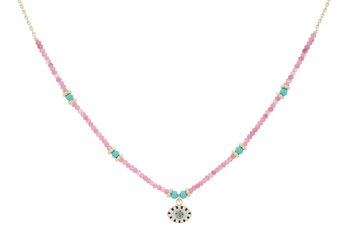 Pink Tourmaline and Turquoise Evil Eye Gold Necklace