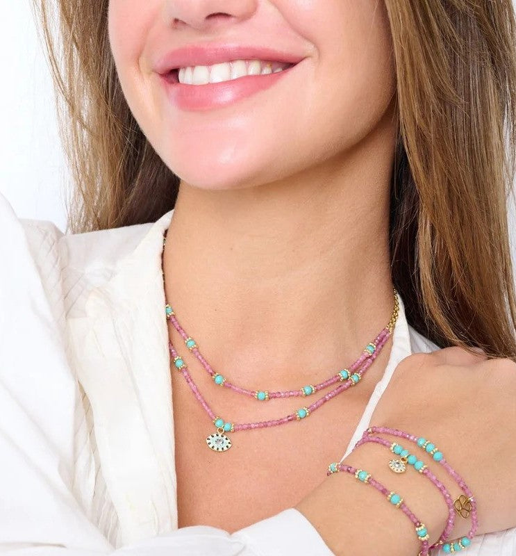 Pink Tourmaline and Turquoise Gemstone Gold Necklace