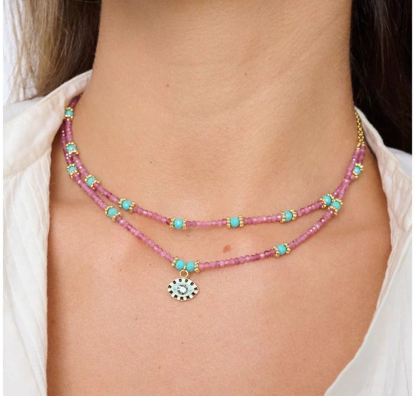 Pink Tourmaline and Turquoise Gemstone Gold Necklace