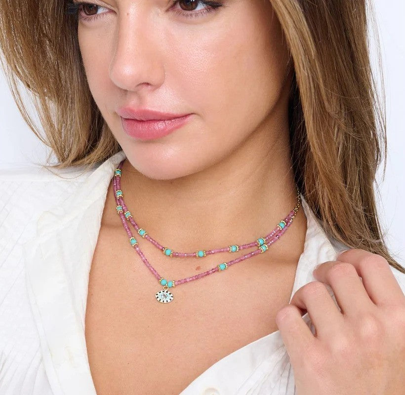 Pink Tourmaline and Turquoise Gemstone Gold Necklace