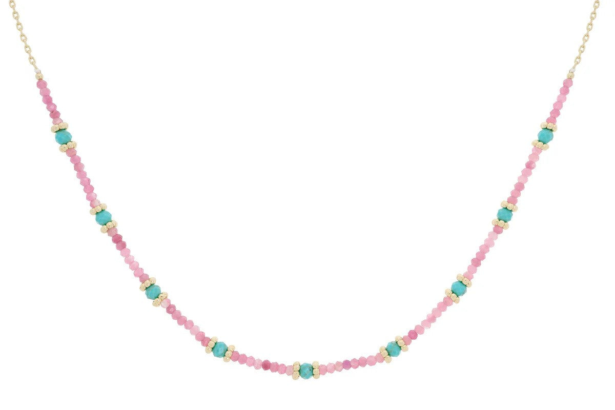 Pink Tourmaline and Turquoise Gemstone Gold Necklace