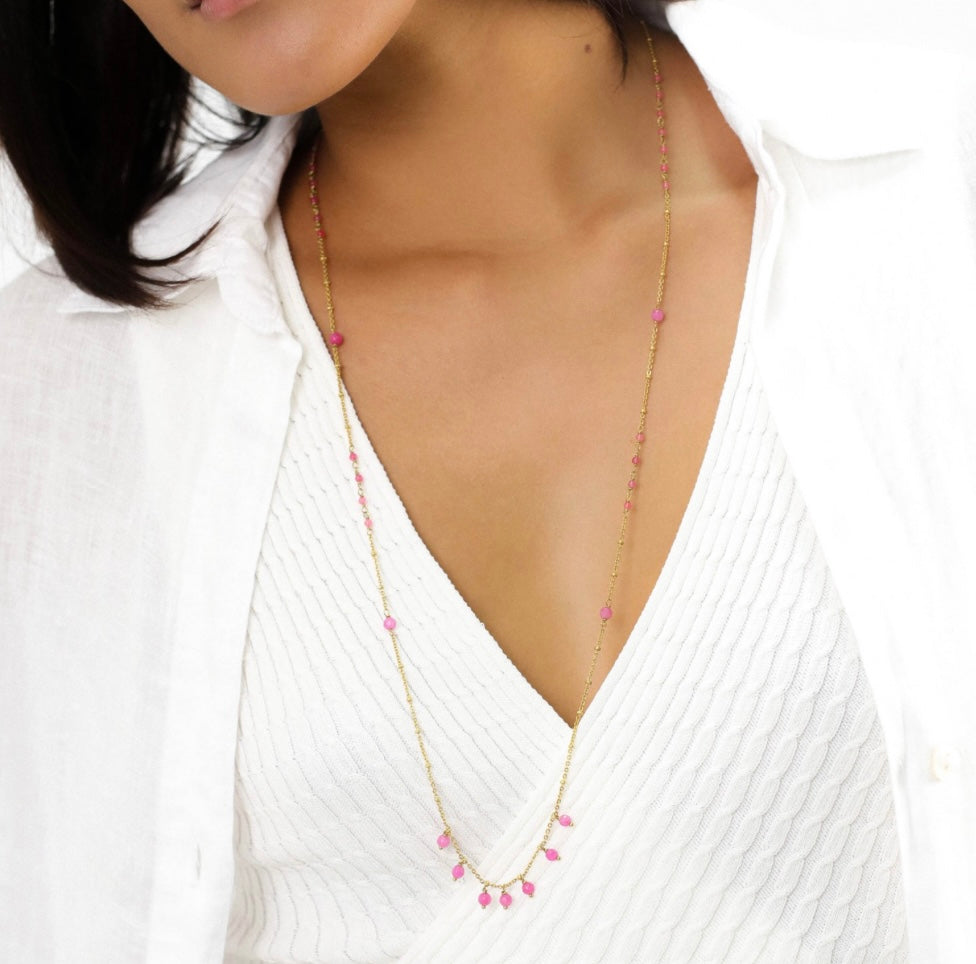 Long Layering Pink Agate Necklace