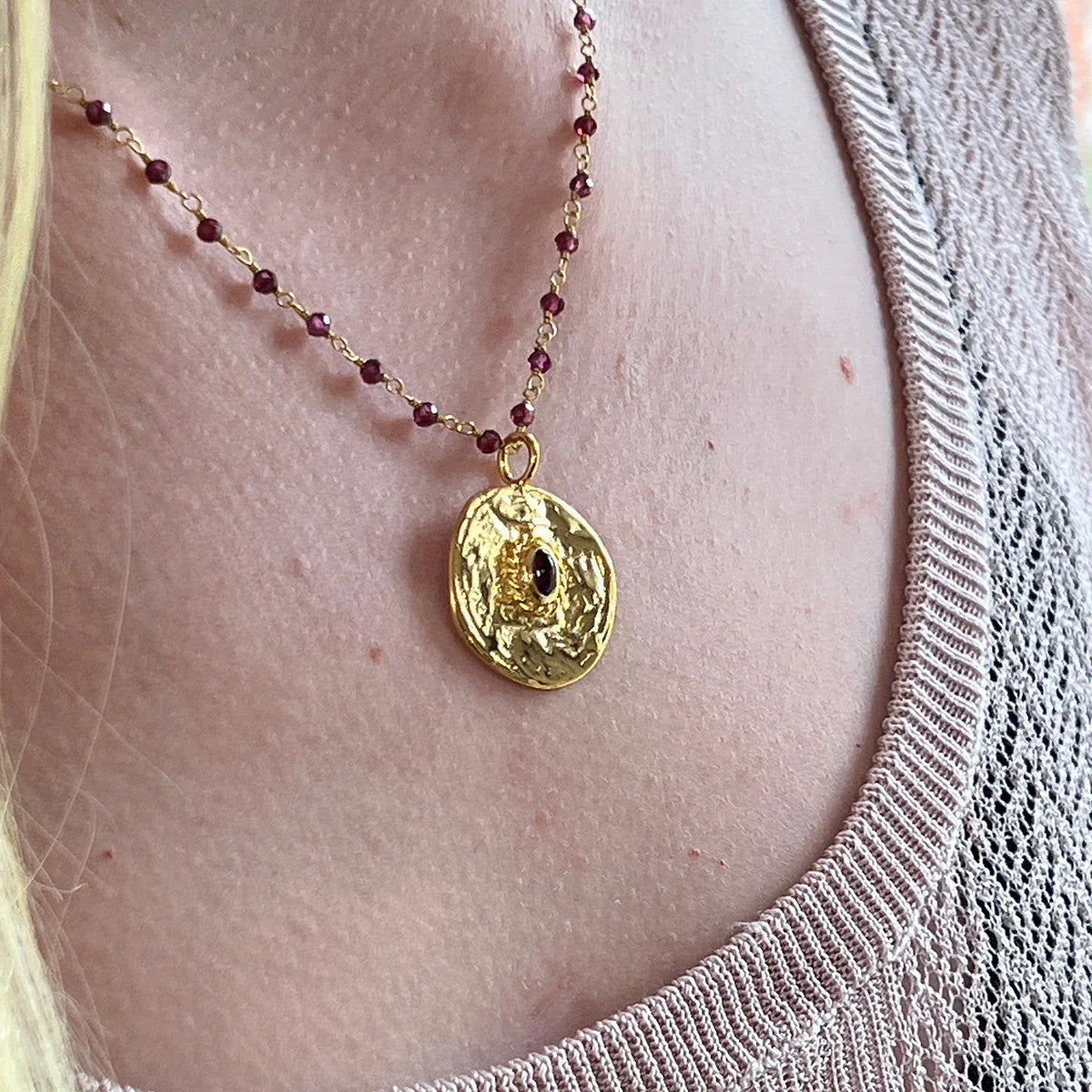 Gold Garnet Medal Pendant on Garnet Rosary Chain