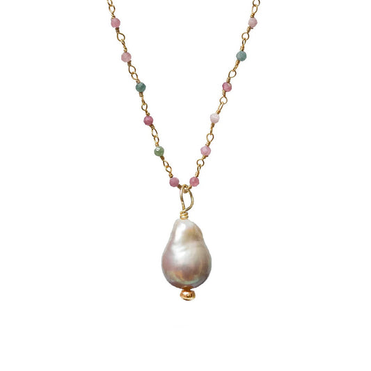 Baroque Pearl on Long Multi Tourmaline Rosary Chain