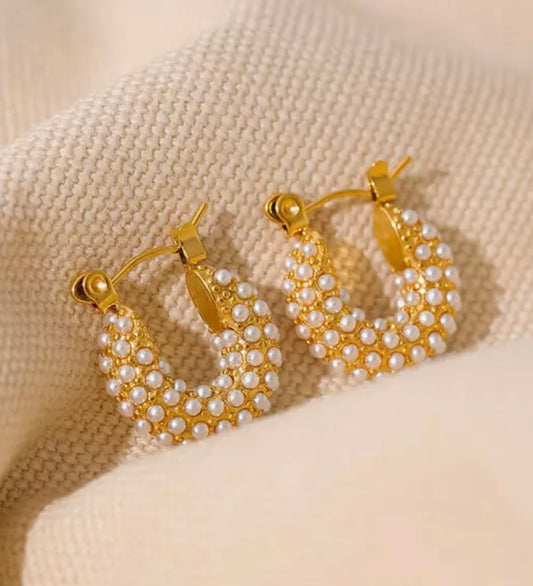 Gold Delicate Vintage Style Tiny Pearl Hoop Earrings