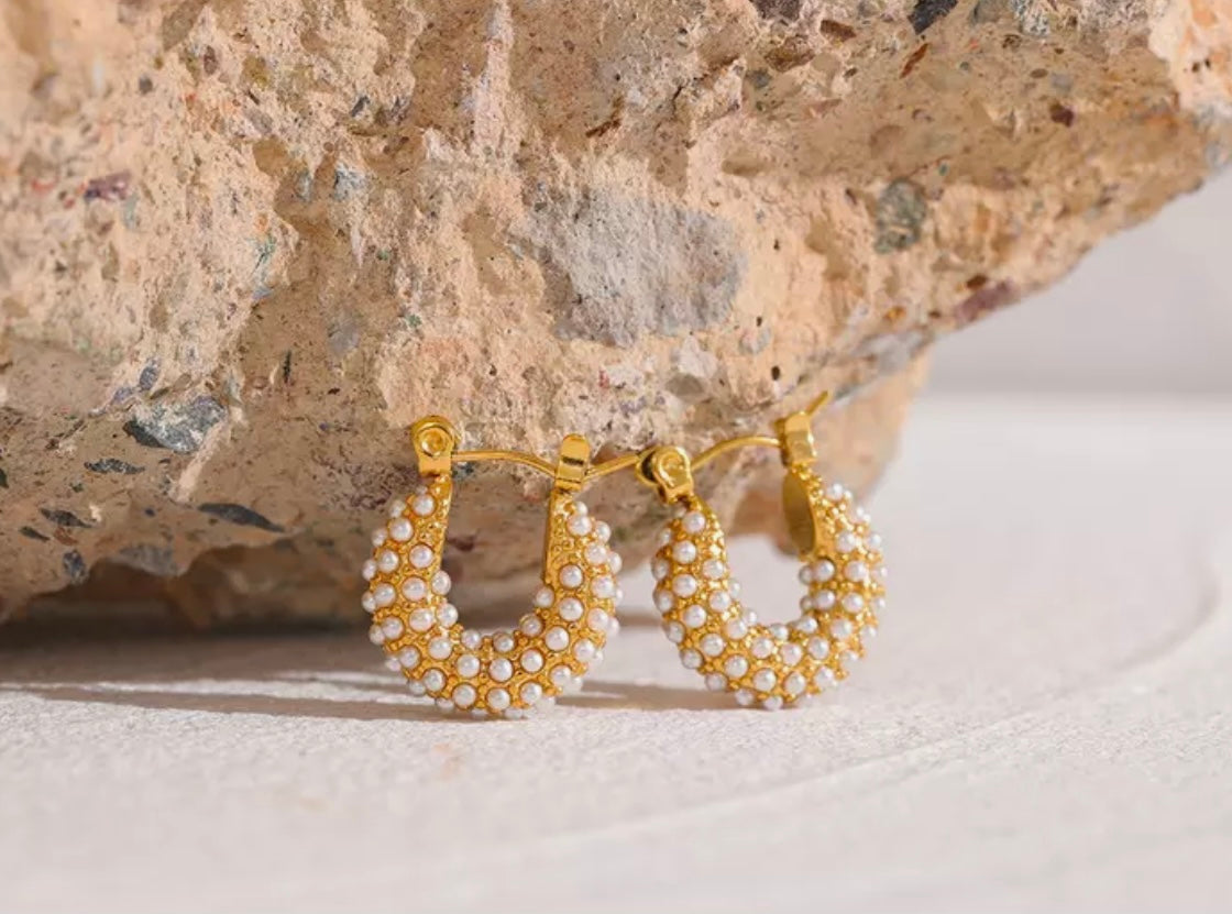 Gold Delicate Vintage Style Tiny Pearl Hoop Earrings