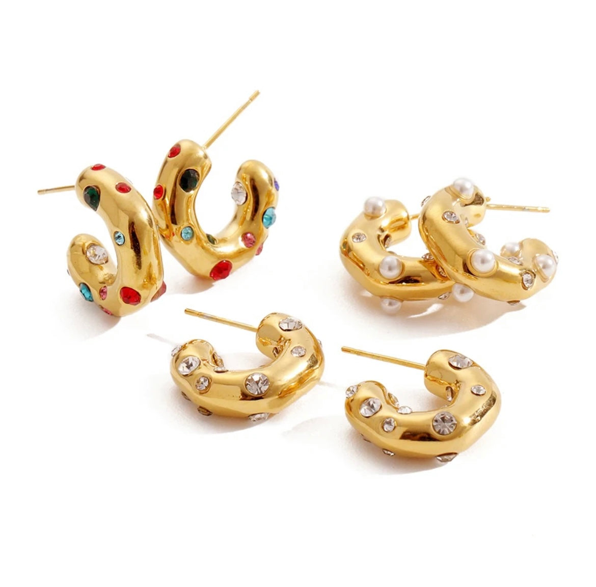 Organic Chunky Gold and Rainbow Crystal Hoop Earrings