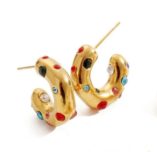 Organic Chunky Gold and Rainbow Crystal Hoop Earrings