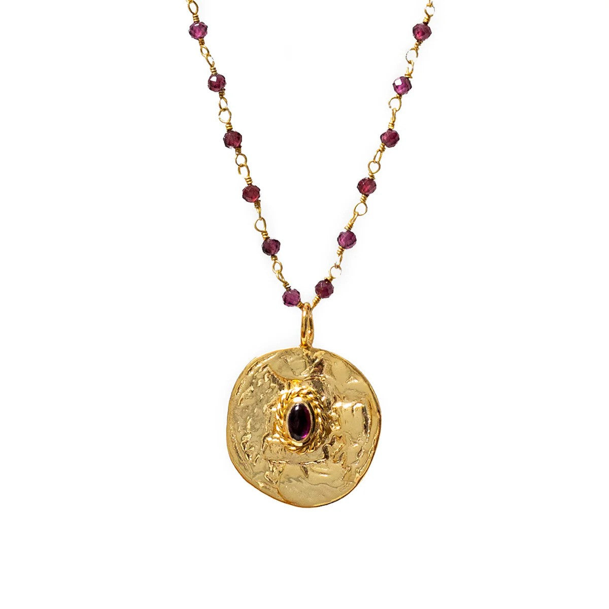 Gold Garnet Medal Pendant on Garnet Rosary Chain