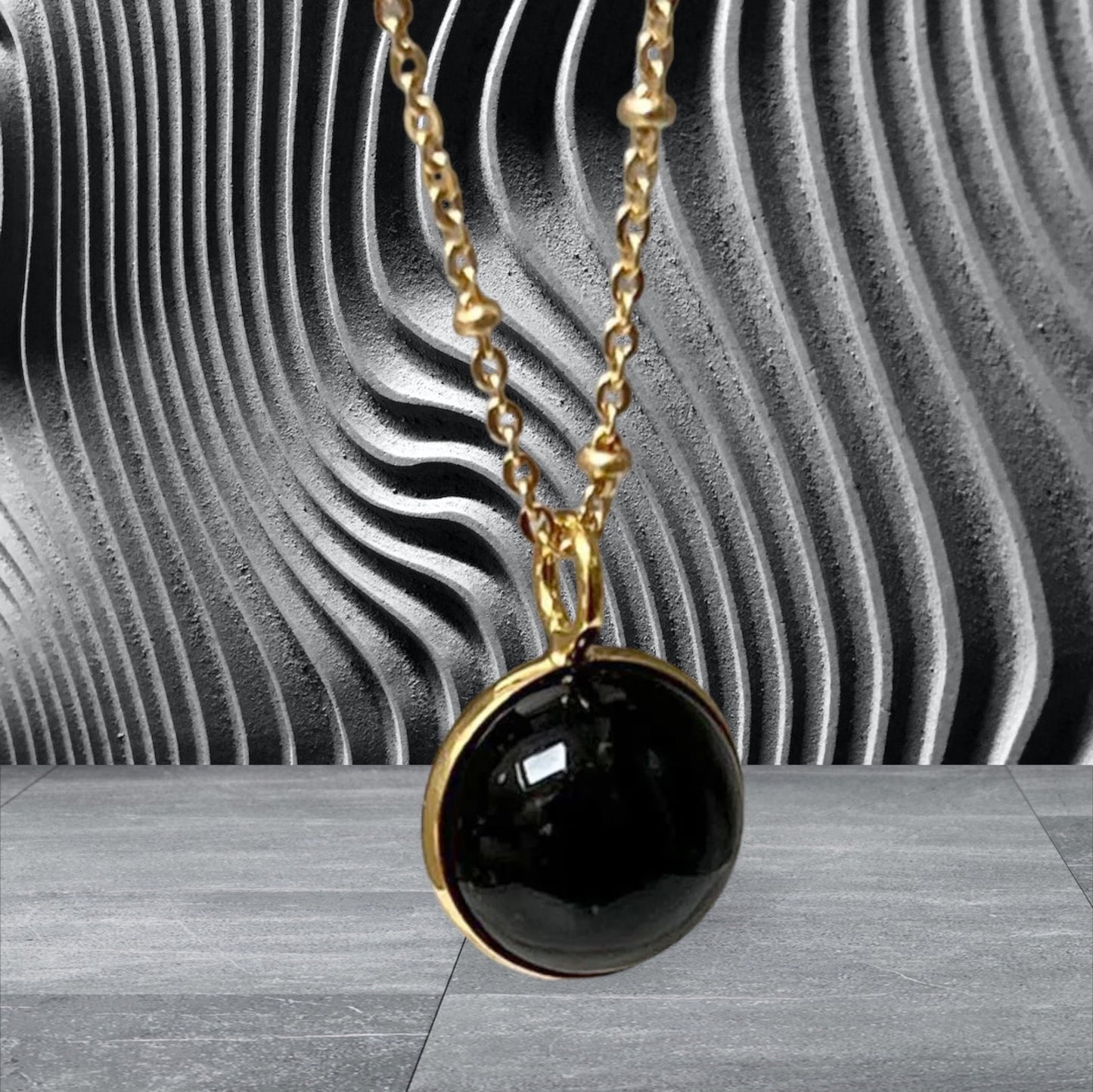 Magic Black Onyx Ball Pendant on Long Satellite Chain