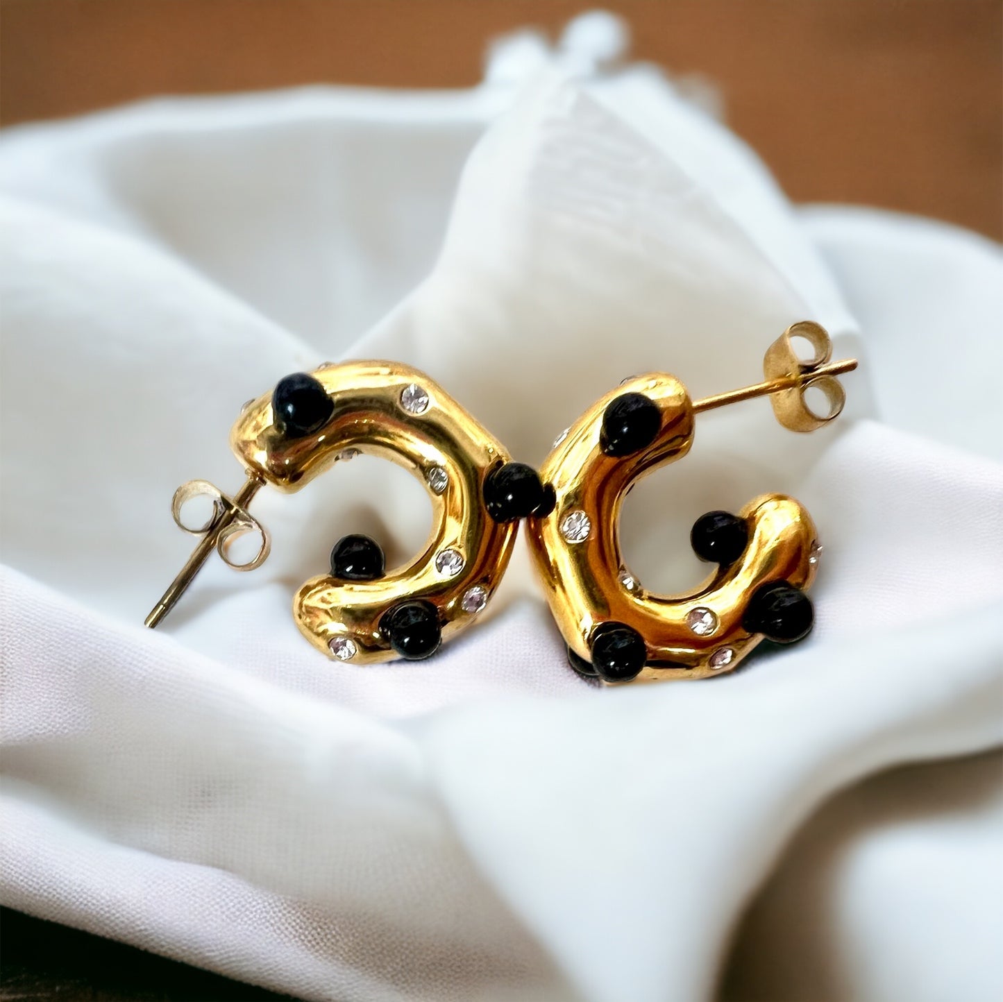 Organic Gold Hammered Shiny Black Onyx and CZ Hoop Earrings