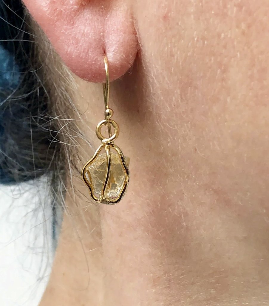 Caged Raw Citrine Gold Hook Drop Earrings