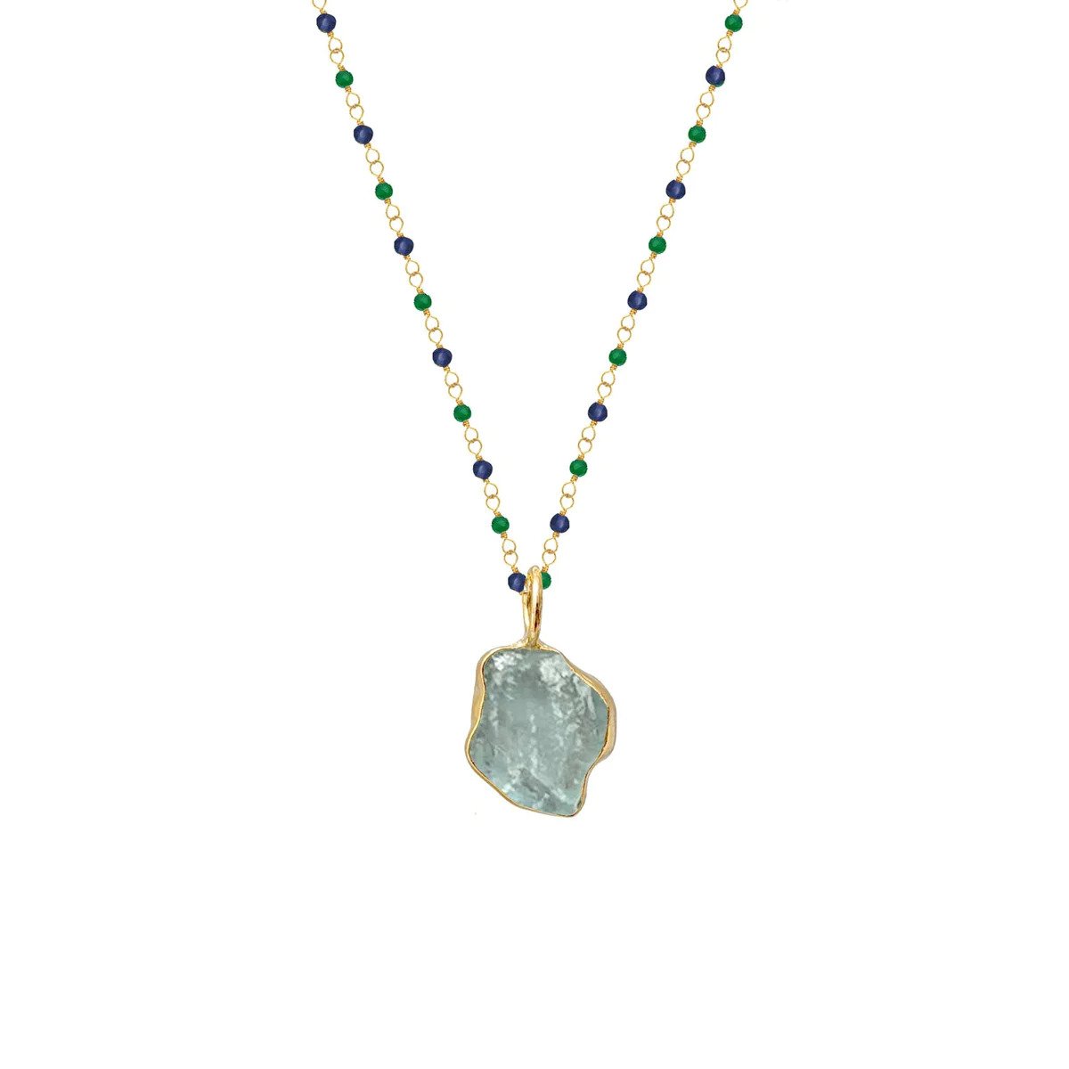 Aquamarine Freeform Slice Pendant on Emerald and Sapphire Rosary Chain