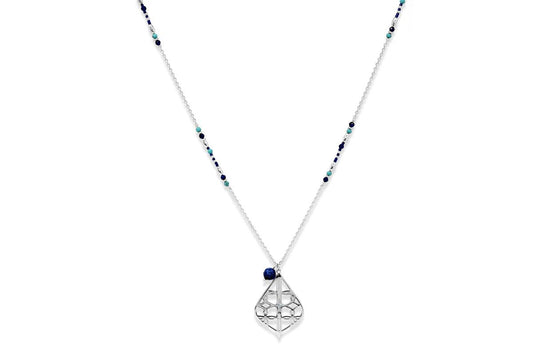 Ratri Lapis Luzuli and Turquoise Beaded Silver Pendent Necklace