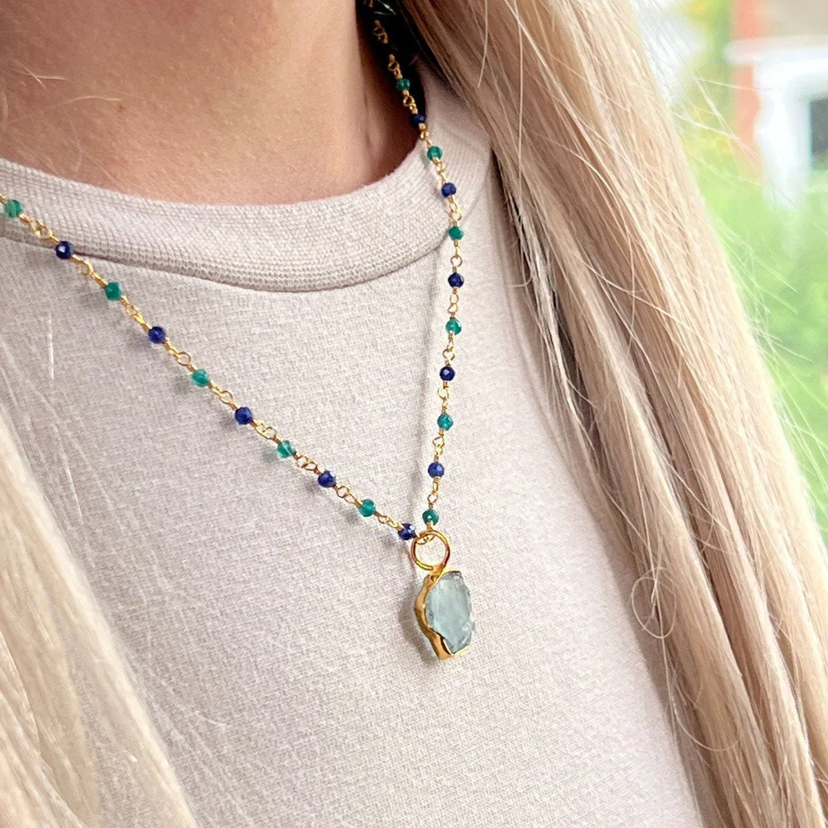 Aquamarine Freeform Slice Pendant on Emerald and Sapphire Rosary Chain