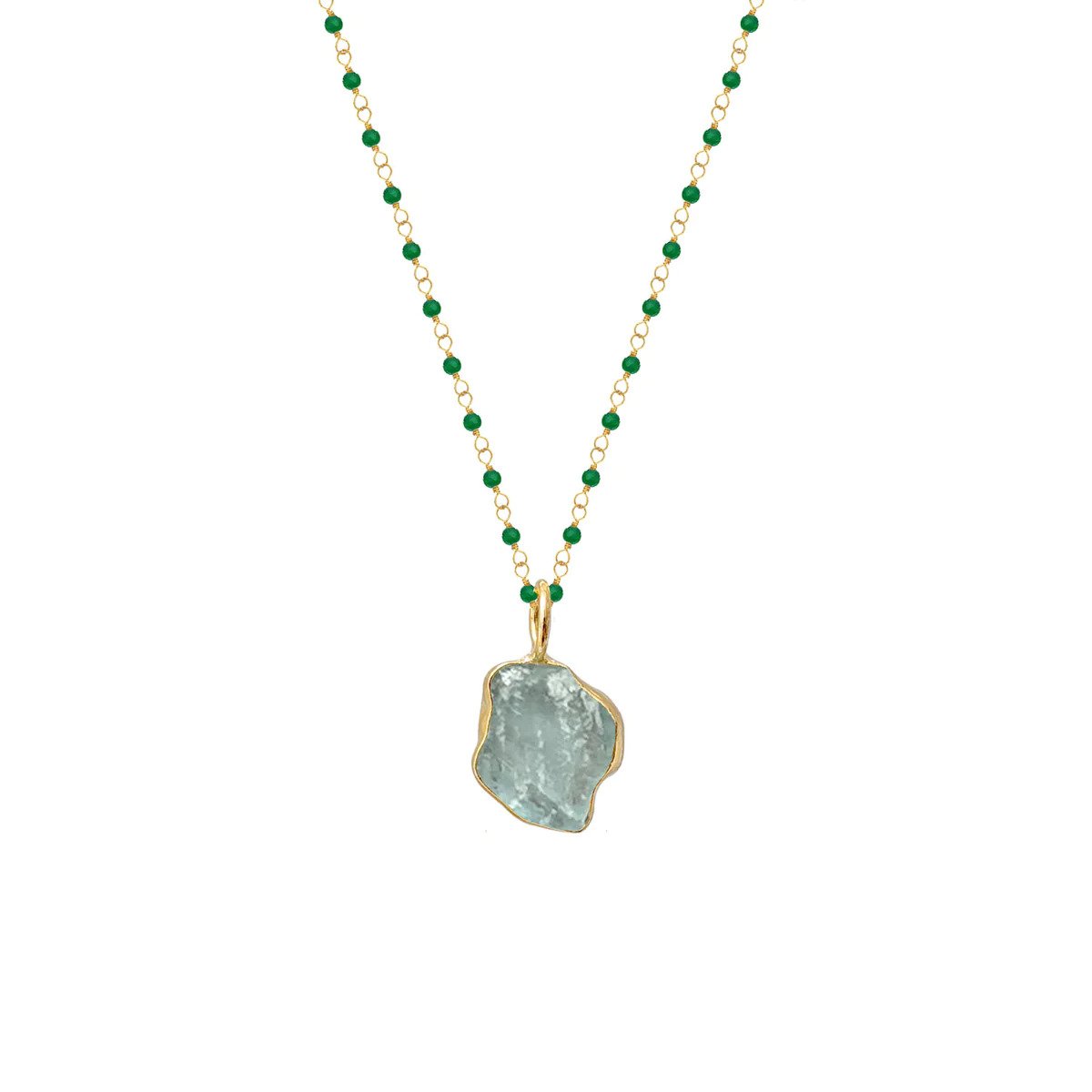 Aquamarine Freeform Slice Pendant on Green Onyx Rosary Chain