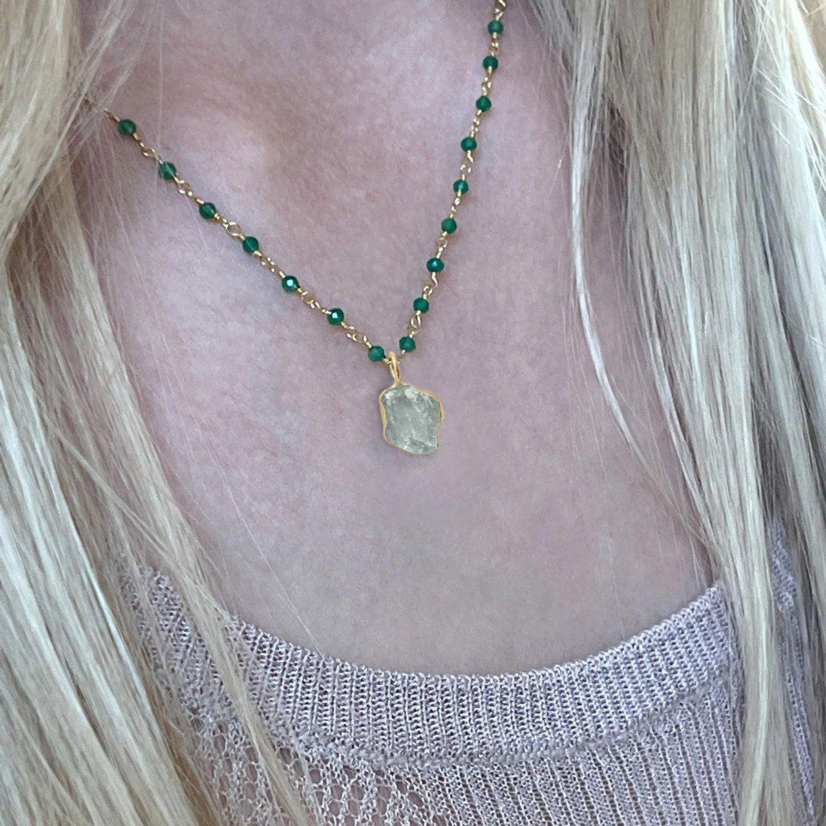 Aquamarine Freeform Slice Pendant on Green Onyx Rosary Chain
