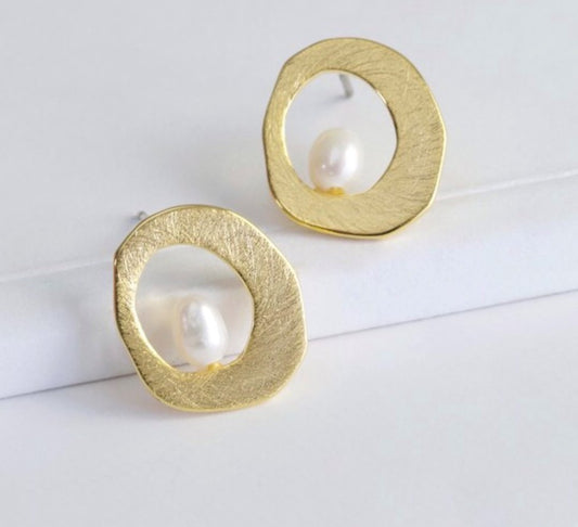 Organic Circle and Pearl Stud Earrings