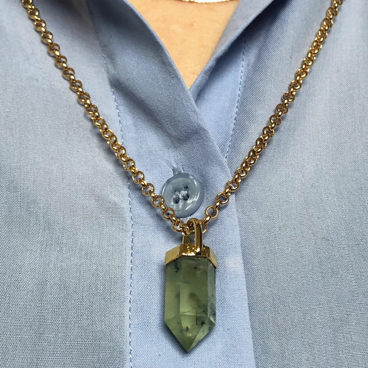 Green Prehnite Pendant on Gold Chain