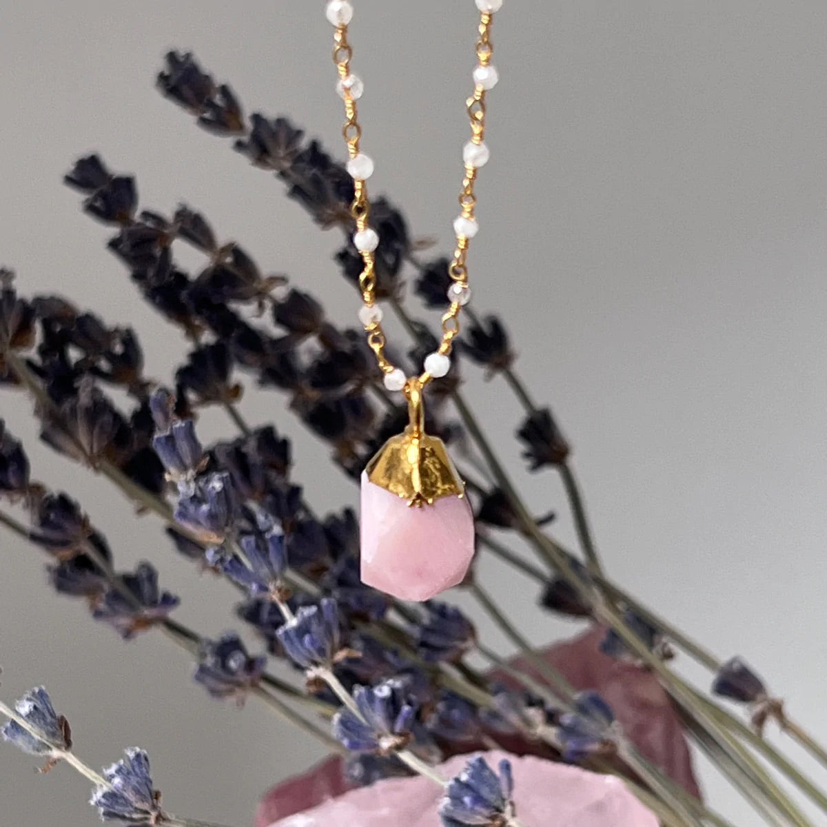 Pink Opal Pendant on White Moonstone Gold Rosary Chain