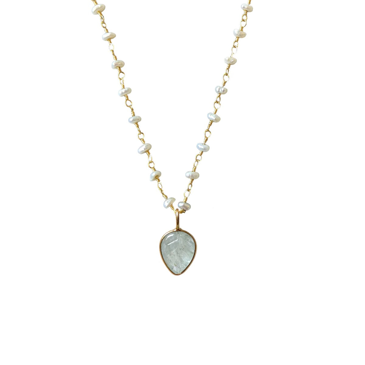 Carved Aquamarine Leaf Pendant on Gold Biba Chain