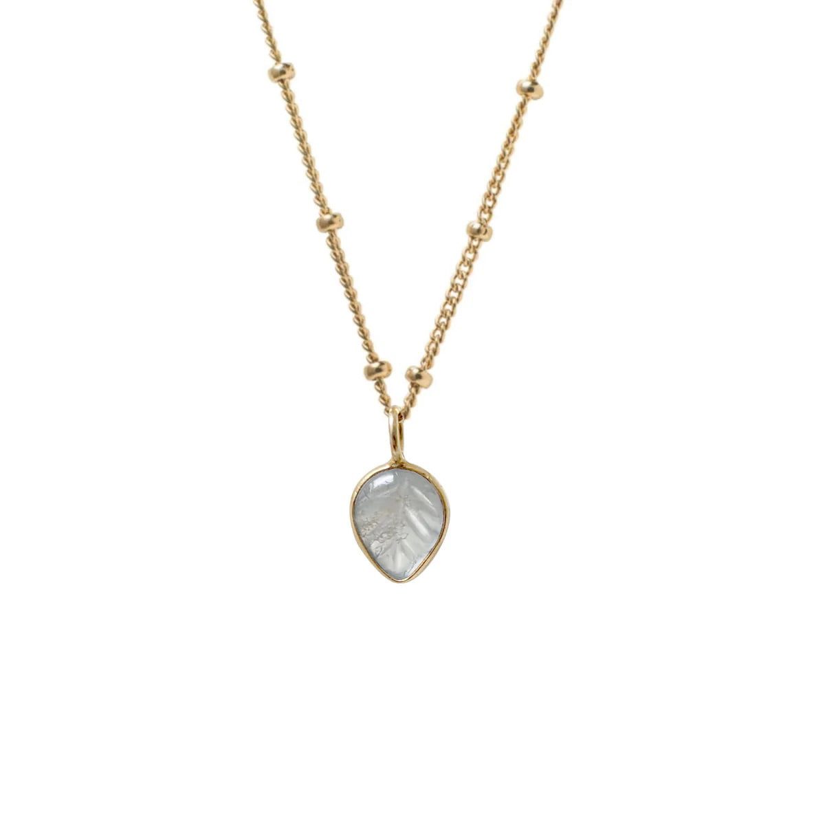 Carved Aquamarine Leaf Pendant on Gold Biba Chain