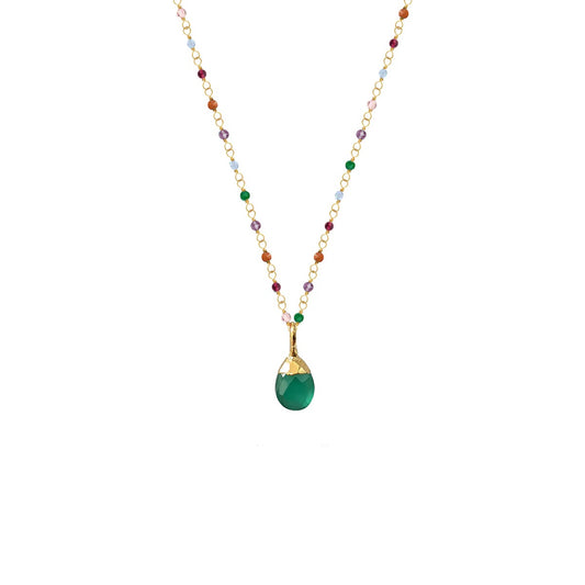 Green Onyx Briolette Pendant on Gold Multi Gemstone Light Rosary Chain