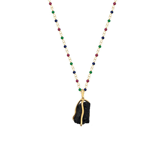 Raw Black Tourmaline Caged Pebble Pendant on Multi Gemstone Rosary Chain