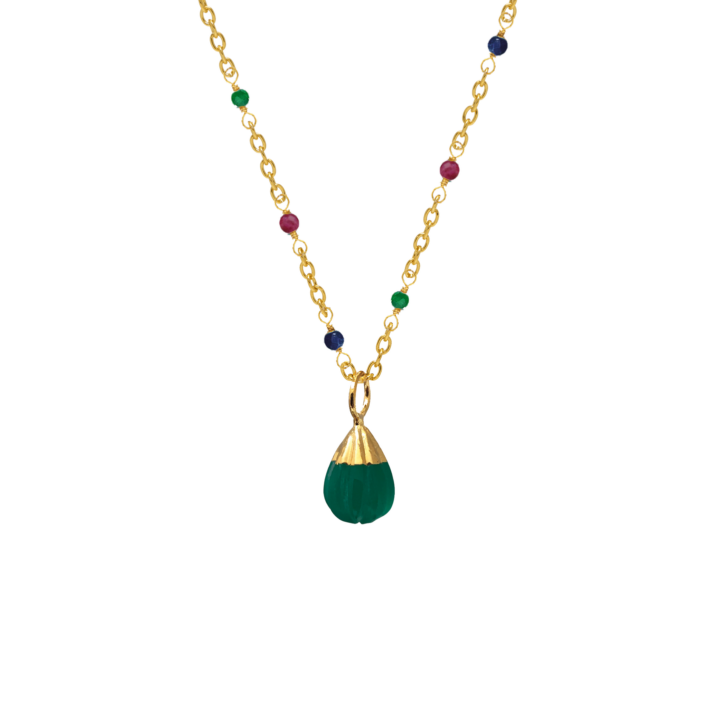 Carved Green Onyx Pendant on Gold Multi Gemstone Rosary Chain