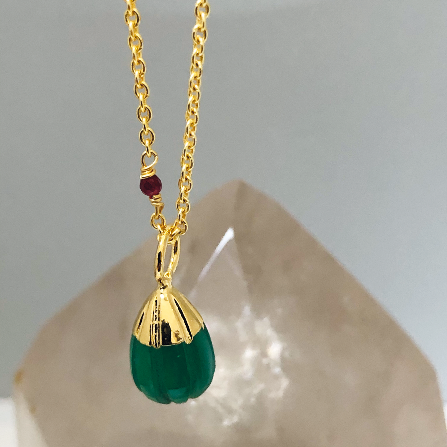 Carved Green Onyx Pendant on Gold Multi Gemstone Rosary Chain