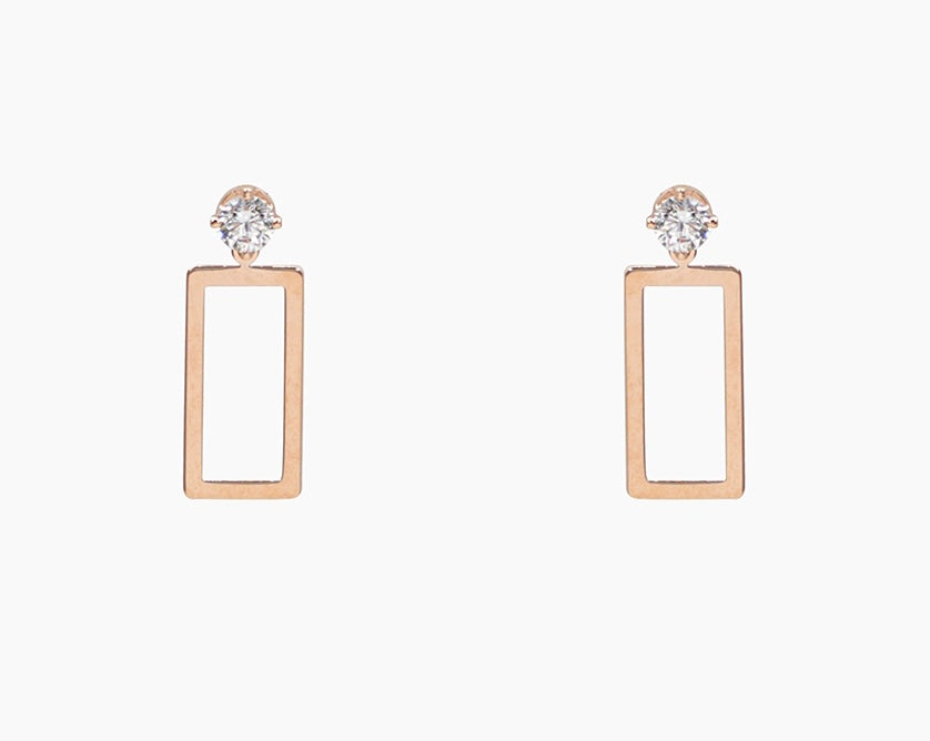 Rose Gold Open Rectangular Drops With Single White Crystal Stud