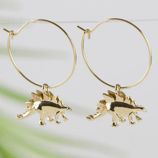 Gold Stegosaurus Dinosaur Hoop Earrings