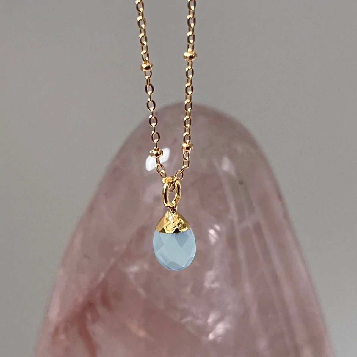 Aqua Chalcedony Briolette Pendant on Gold Satellite Chain