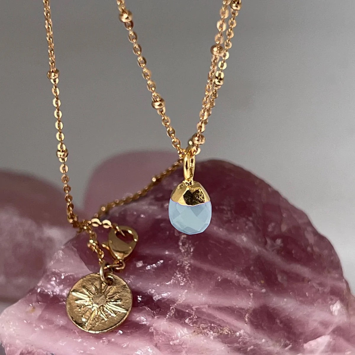 Aqua Chalcedony Briolette Pendant on Gold Satellite Chain