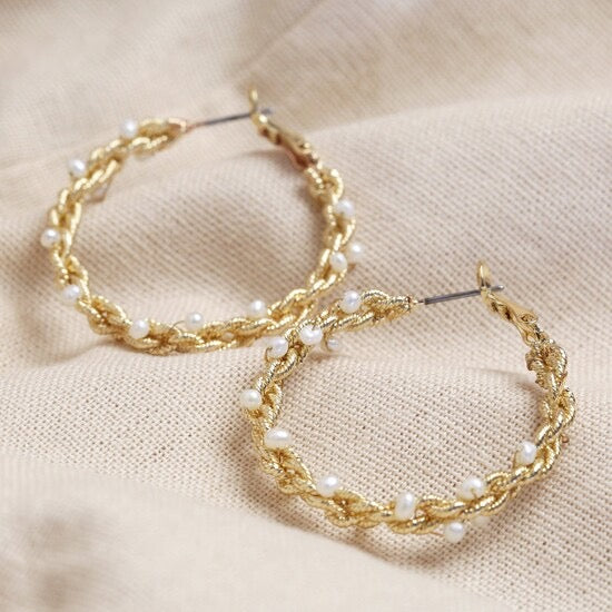 Twisted Freshwater Pearl and Gold Large Hoops